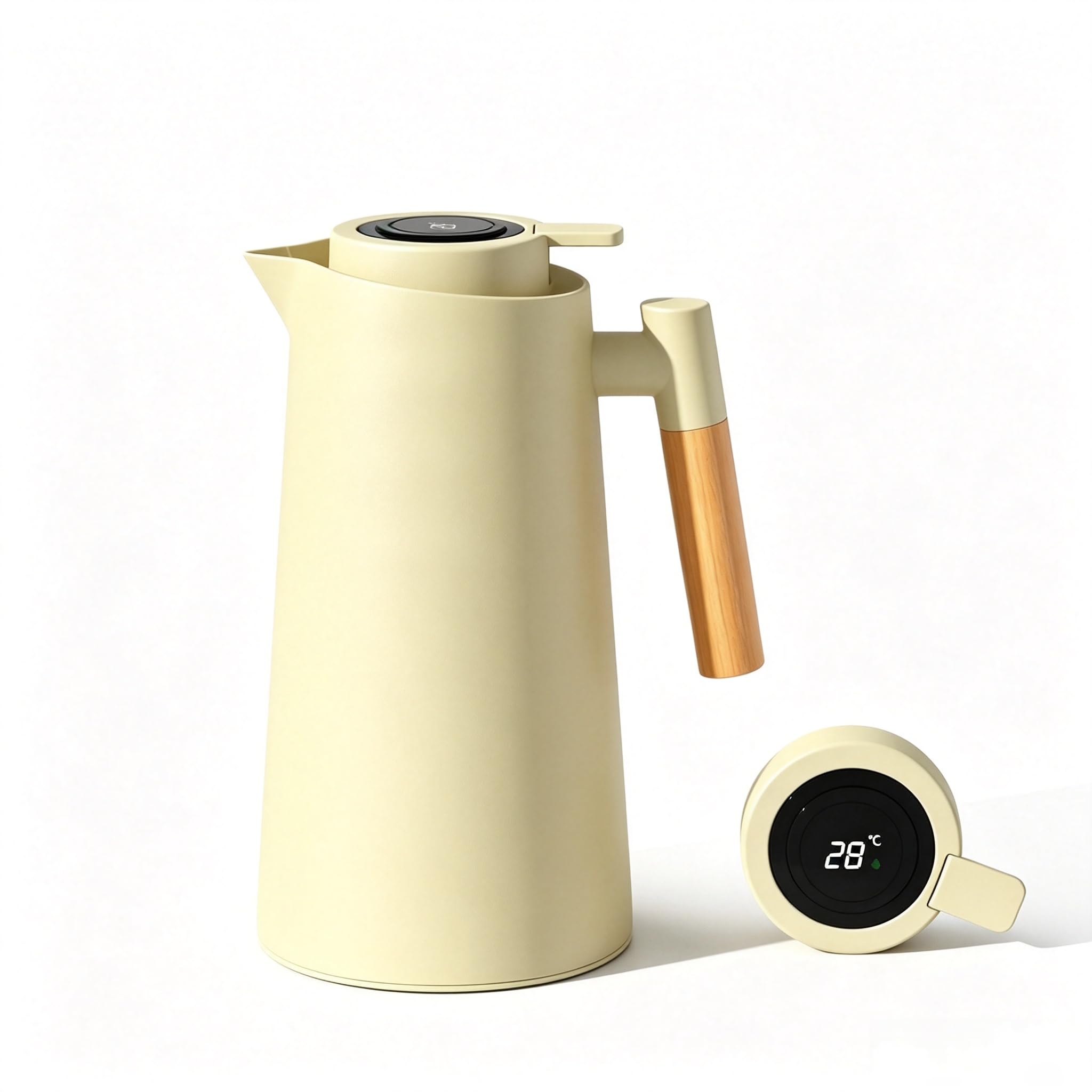 Thermokaraffe mit Temperaturanzeige, 1000 ml, Vakuum-Glaseinsatz, isolierter Wasserkrug, Wärmespeicherung, Press-Typ, Kaffeekaraffe mit Holzgriff, für Zuhause, Küche, Büro, Gelb