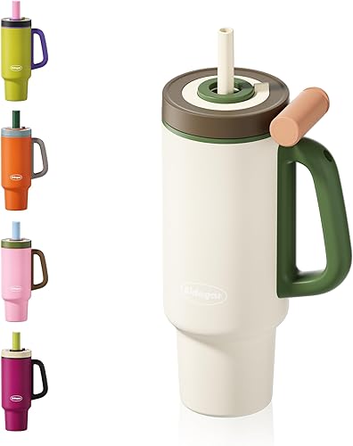 Vaso de 36 onzas con asa y pajilla, botella de agua forrada de cerámica aislada al vacío, taza de viaje de acero inoxidable con tapa, se adapta a