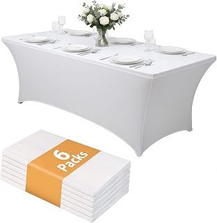 6 Pack 8FT Rectangular Spandex Tablecloth,Wrinkle Resistant Fitted Cover for 96x30 inch Banquet Table Cloth, Washable Stretch Fabric for Party, Events, Wedding, Vendor - White