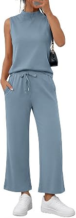 Casly Lamiit Womens 2 Piece Outfits Mock Neck Sleeveless Top Wide Leg Pants