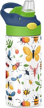 Pigsaly Kids Insulated Water Bottle Leaves Bugs Beetle Dragonfly 12oz Stainless Steel Vacuum Insulated Tumbler With Handle tag Double Wall Vacuum Travel Coffee Mug Toddler Cup For Boys Girls Gif