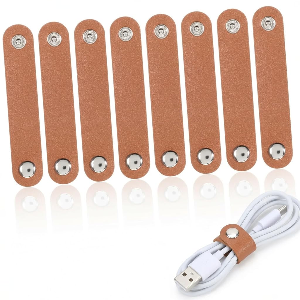 10Pcs Cable Organiser, Leather Cable Ties and Cable Clips for Desk Organisation, Premium Brown Leather Cable Management Solution, Efficient Cord Wrapping and Storage Accessories-image-10