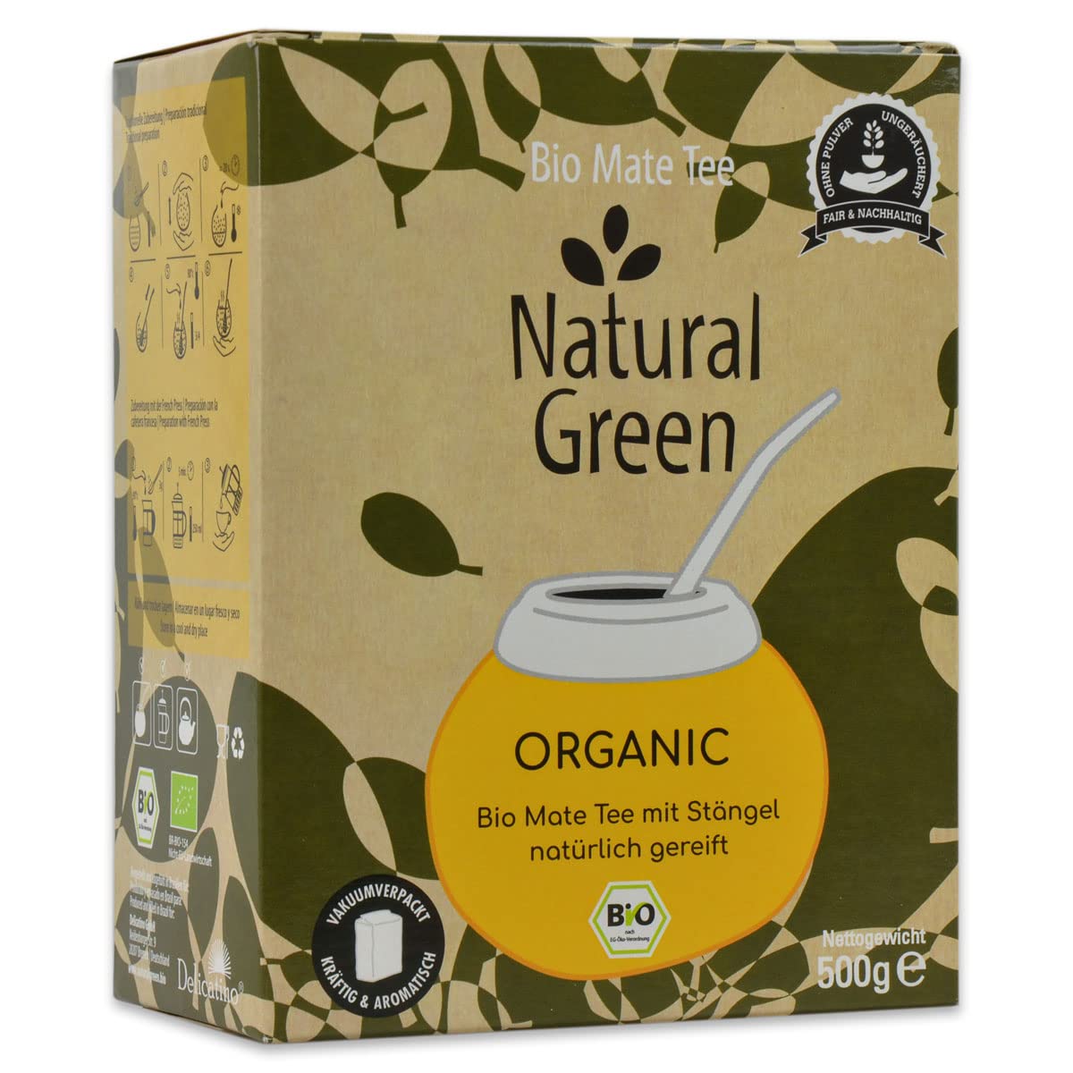 DELICATINO Bio Yerba Mate Tee - Natural Green ORGANIC 3 x 500g - ungeräucherte Mateblätter + Stängel OHNE Pulver, natürlich gereift, Vakuumverpackung