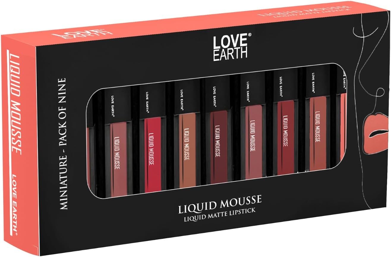 LoveEarth Liquid Matte Lipstick Combo Pack - 9-Piece Set with Waterproof Mousse Jojoba Oil, and Vitamin E - Smudge-Proof & Transferproof Mini Liquid Lipstick Long-Lasting Lip Makeup Gift Set for Women