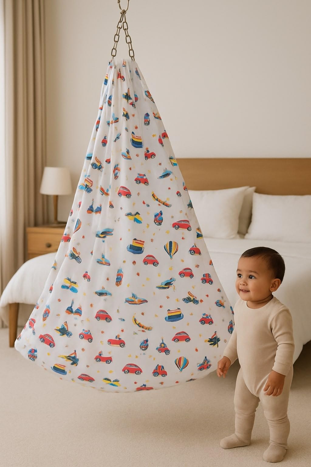 Happy Bunny 100% Soft & Strong Cotton Baby Cradle Cloth Only (Thottil Hanging Swing Jhula Uyyala), Large Width for Newborns, Heavy & Tall Babies, 0-3 Years (Rocket-Car Print) - Image 2 thumbnail
