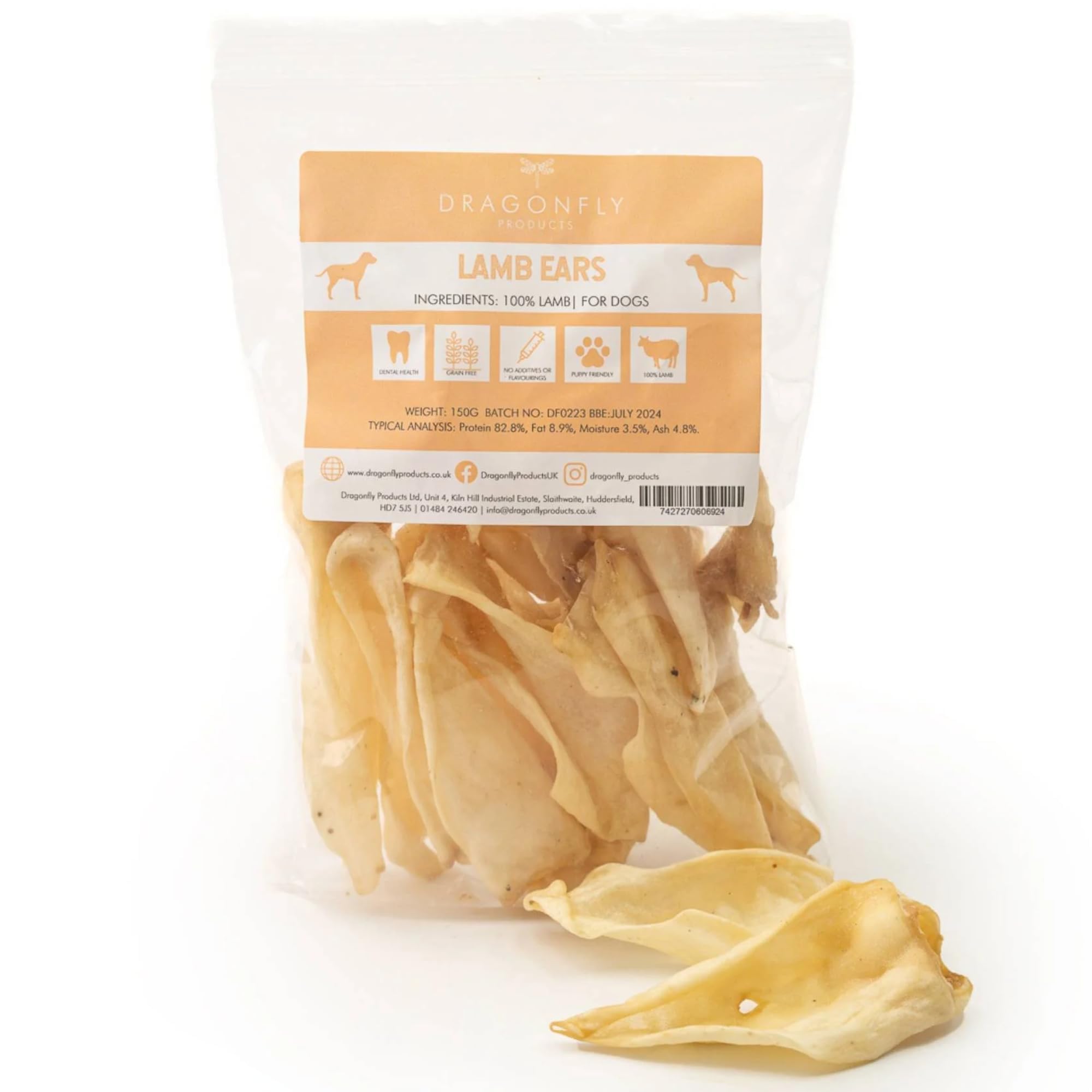 Dragonfly Products | 100% Air-Dried Natural Lamb Ears | Grain and Gluten Free | Healthy, High Protein Chews for Dental Health | 300g | For Dogs and Puppies over 8 weeks