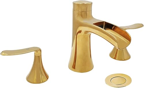 Wovier Grifo de lavabo de baño de cascada de oro pulido brillante, grifo de lavabo de latón de dos manijas y tres agujeros, grifo mezclador de