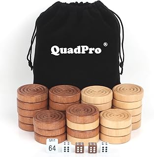 QuadPro Wooden Checkers Pieces Only, 30 Wood Backgammon Pieces with 5 Dice & Storage Bag, 1.57 Inch Premium Wood Pieces for Backgammon and Checkers, Ideal for Replacement or Spare Pieces