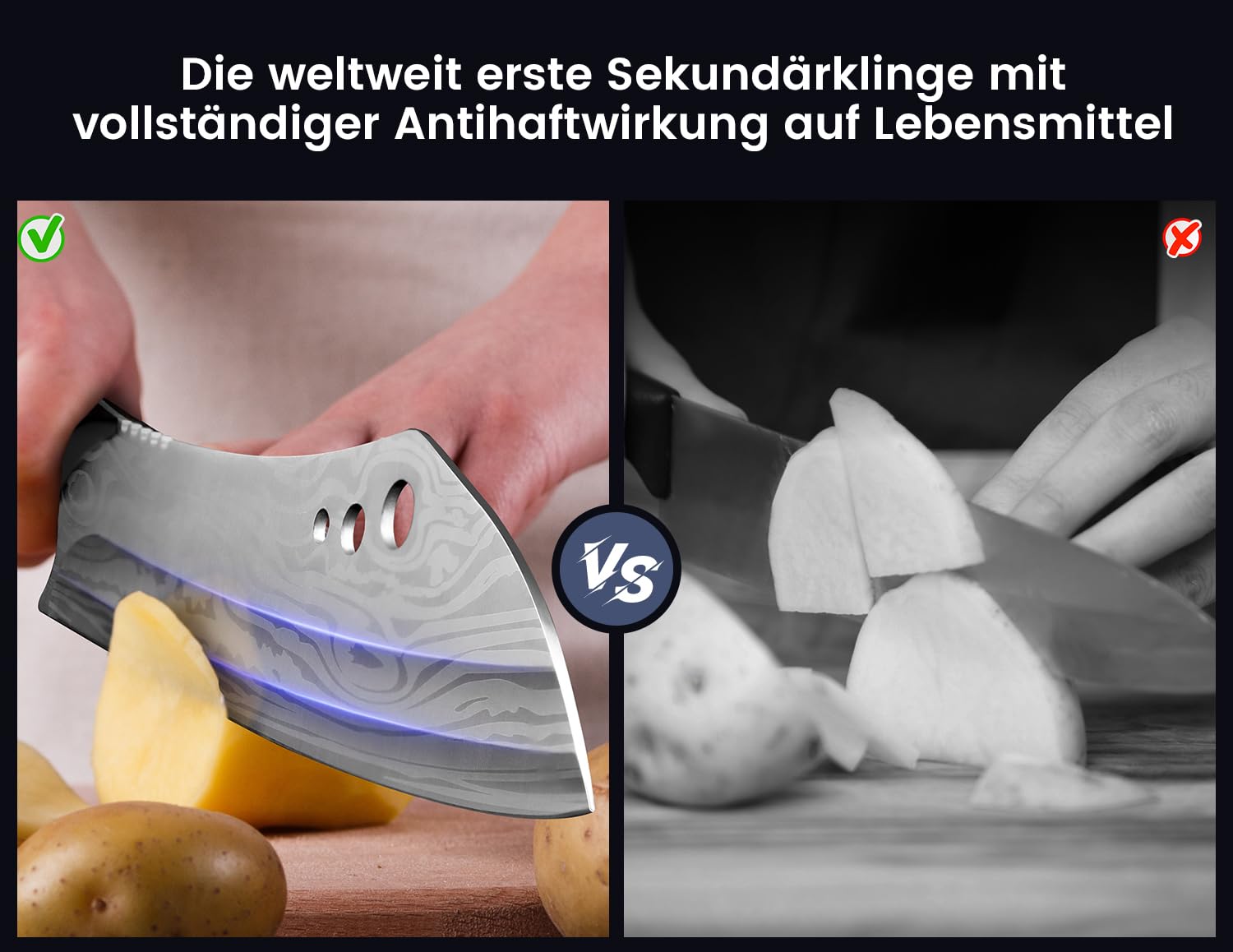 Metzgermesser, Kochmesser mit Kräuterstripper, Japanisches Küchenmesser aus Hochkohlenstoffstahl zum Hacken & Schneiden, Damastmuster, Griff aus Vollholz, Handl Ideal for Gift