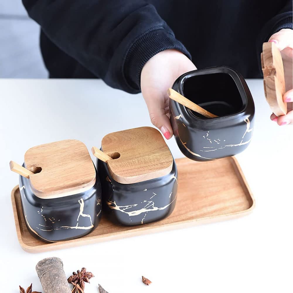 LPY Lot de 3 Pots à épices en céramique, Pot à épices de Cuisine en marbre Mat, Pot en céramique avec Couvercle, cuillère et Plateau, Parfait pour la Cuisine-White