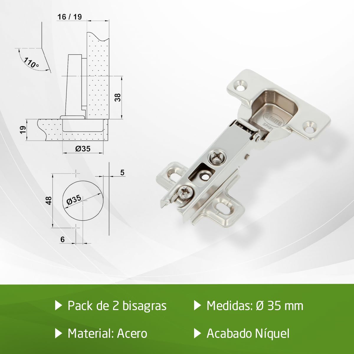 Amig - Pack de 2 Bisagras de Cazoleta Rectas - Ø35 mm - Acero Niquelado - Apertura 110° - Instalación Oculta para Muebles de Cocina, Oficina y Armarios - Tornillos Regulables (No Incluidos)