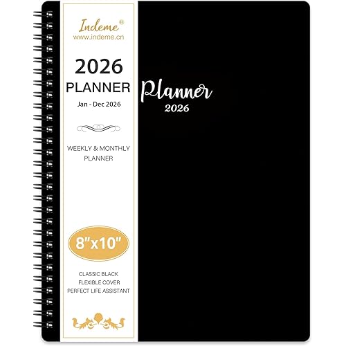 2026 Planner - Planner 2026 Weekly and Monthly, Jan. 2026 - Dec. 2026, 8" x 10", with Tabs, Thick Paper, Spiral Binding, Classic Black
