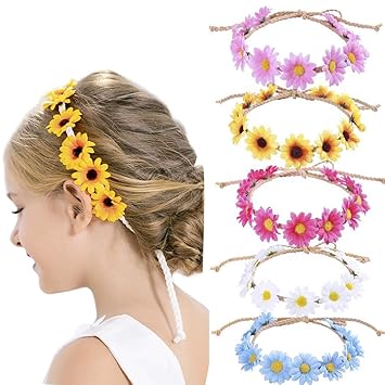 FashbandDaisy Flower Headband Sunflower Hair Wreath Women Girl Floral Headpiece for Summer Decoration Wedding Party Hippie Halloween Christmas Festival Pack of 5