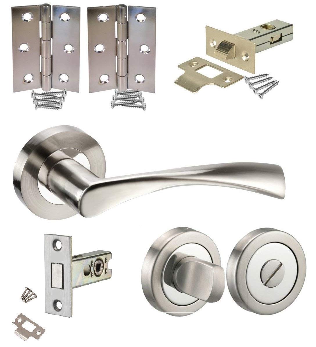 Jiyo.Outdoor Astrid Design Modern Bathroom Door Handle Pack in Duo Chrome Finish with Deadbolt Hinges & Tubular Latch