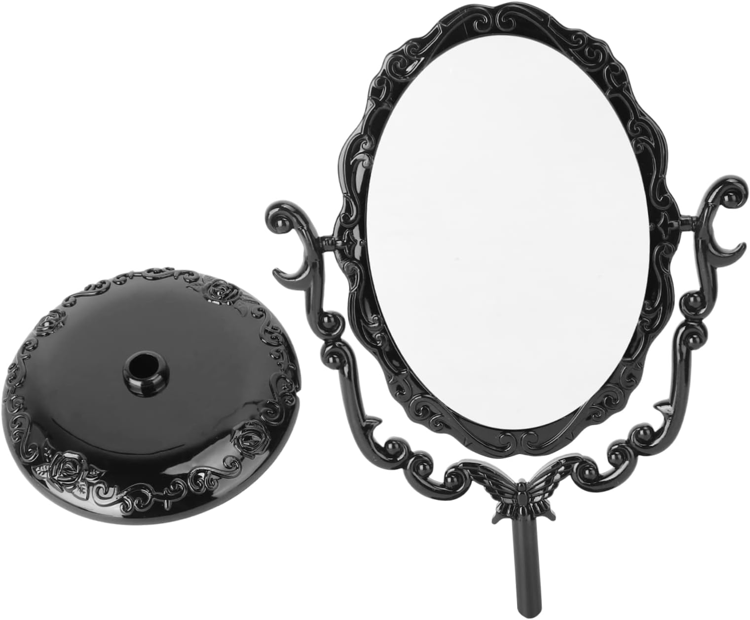 Rotatable Gothic Vintage Desktop Makeup Mirror with Stable Slip Stand Single Side Black Vanity Mirror for Precise Cosmetic Application and Elegant Desk Decoration