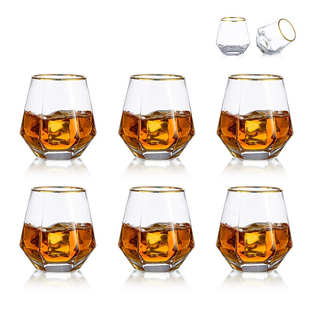 Ensemble De 6 Verres à Whisky Diamantés En Verre Scotch Incliné 300 Ml En Verre à Whisky Look Moderne Pour Hommes Femmes, Papa, Mari, Amis, Verrerie Pour Gobelet à Bourbon/Rhum/Bar