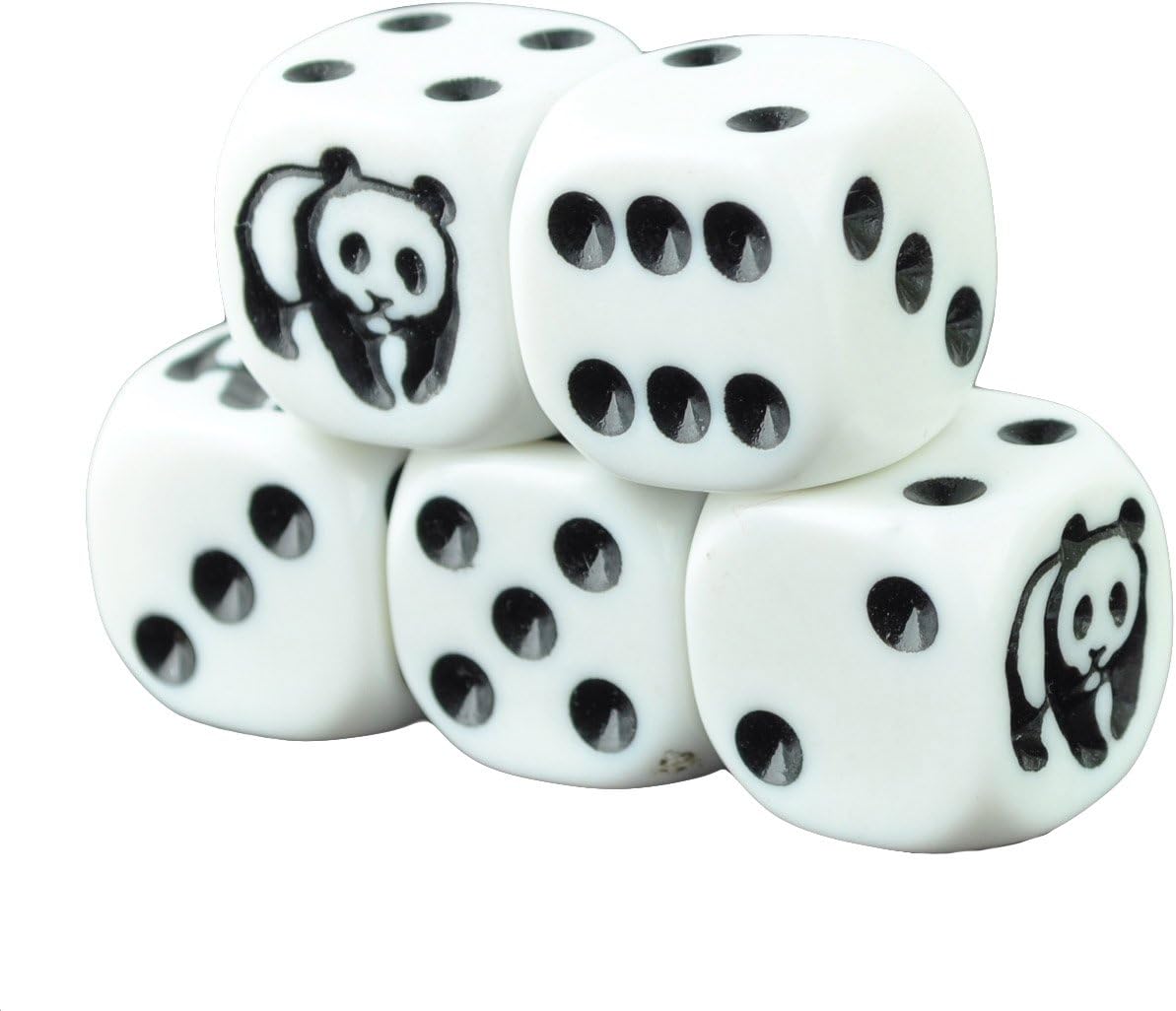 Set of 5 Panda Bear White Dice Round Corner Opaque 16mm Grey Spots in Snow Organza Bag