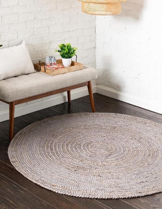 Tapis rond en jute fait à la main gris 0,9 m décor rustique
