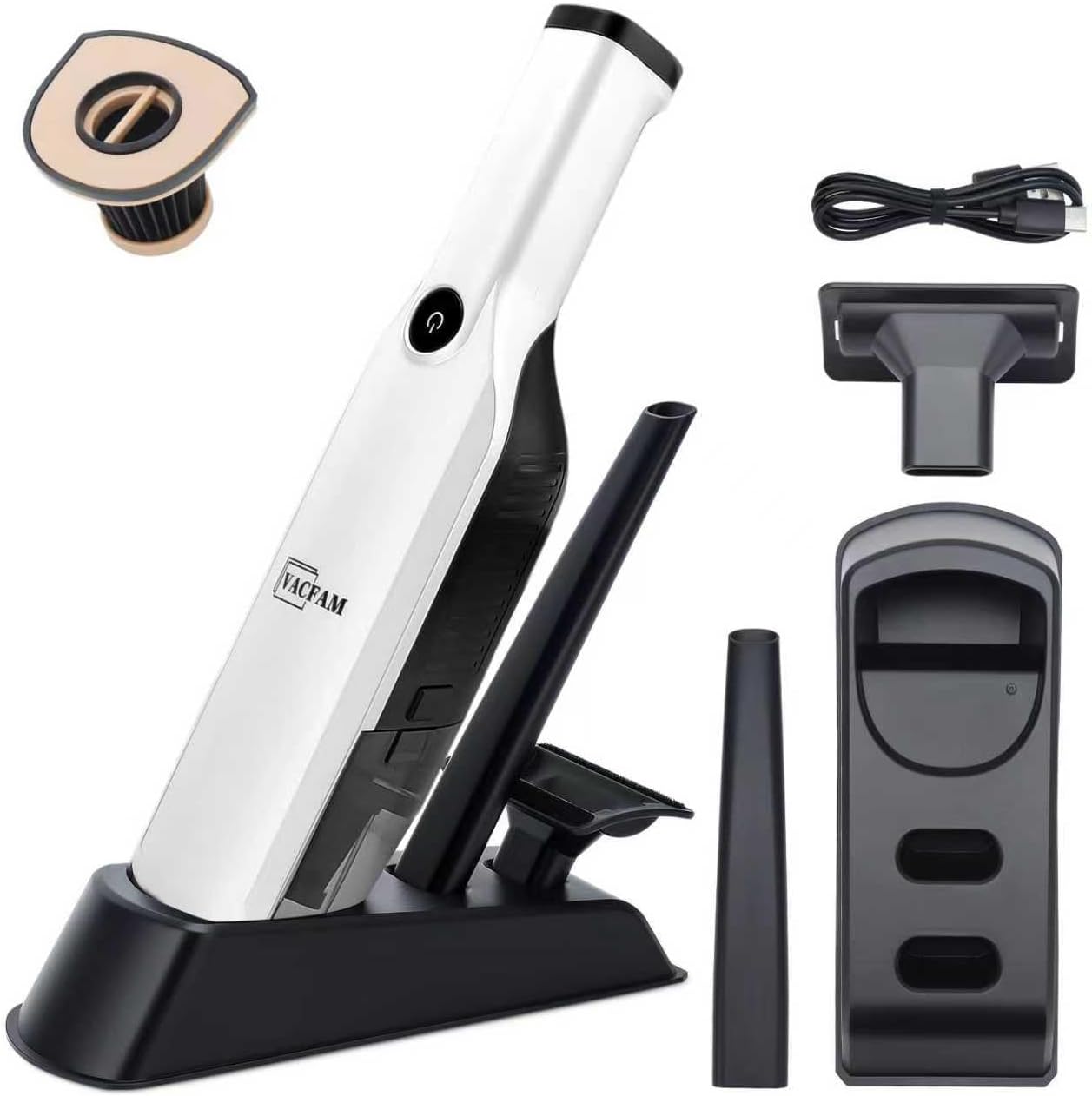 Aspiradora de mano inalámbrica, succión de alta potencia de 15 KPA, carga rápida USB, aspiradora de automóvil con base de almacenamiento, eliminador