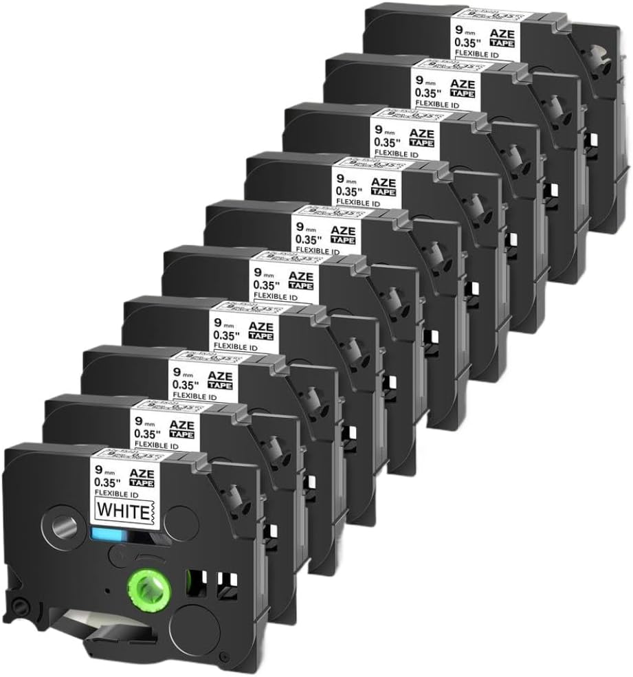 10 パック AZE FX221 9 mm 柔軟なラミネートラベルテープ 黒地に白 PT 1100 ラベルプリンターと互換性あり