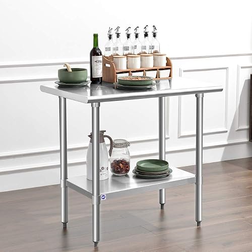 Miniatura 8 de Rockpoint - Mesa de acero inoxidable para preparación y trabajo, 36 x 24 pulgadas mesa de cocina comercial de metal NSF con estante inferior