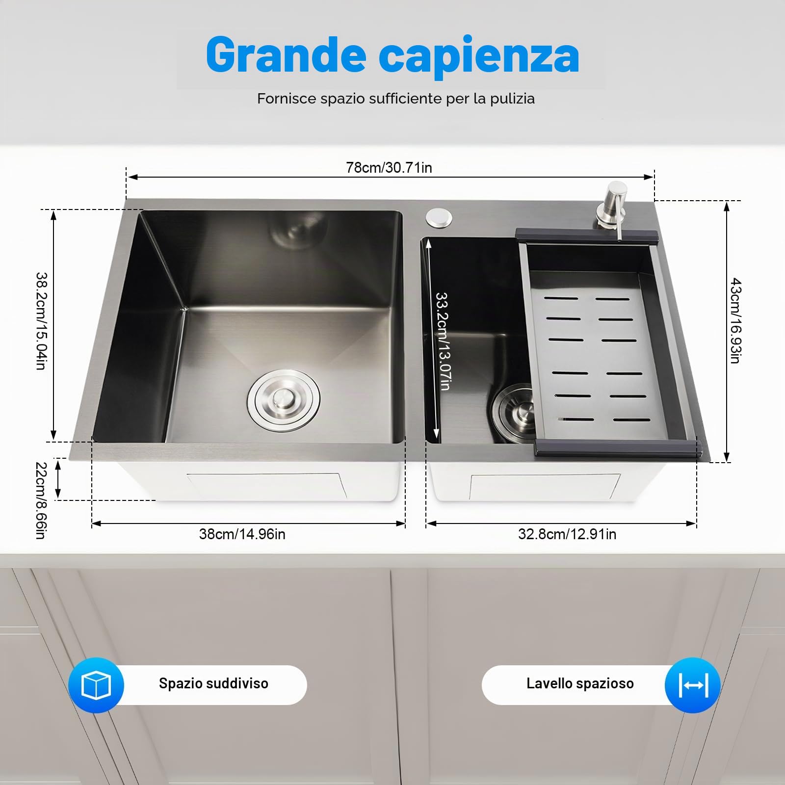 Lavello da cucina indipendente, 2 vasche in acciaio inox, 78 x 43 x 22 cm, in acciaio inox, con dispenser di sapone, per cucina e ristoranti