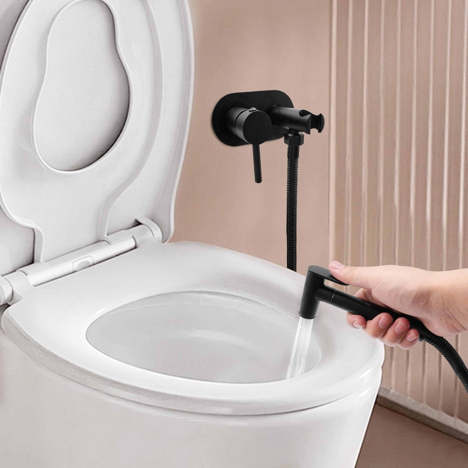 Bidet Spruzzatore manuale per WC, doccetta per WC, set di rubinetti, bidet caldo e freddo, set per WC, montaggio a parete, filettatura G1/2, dimensioni 135 x 70 mm (nero)