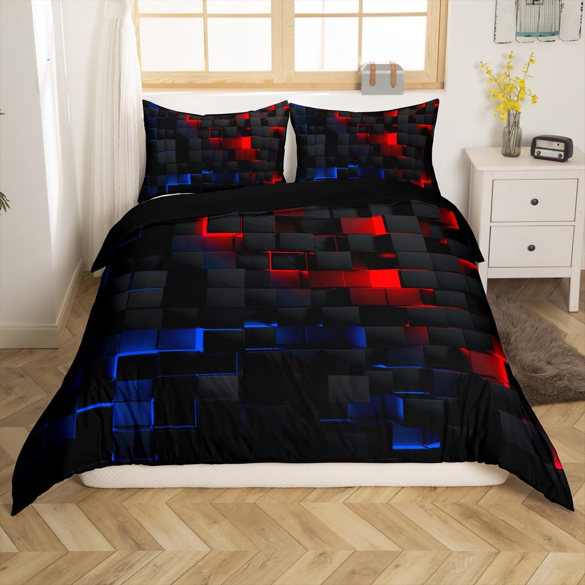 Homewish Neon Rot Blau Geometrie Bettwäsche 135x200 Kinder,Abstrakte Quadratisches Gitter Bettbezug für Mädchen Jungen Jugendliche Männer,Farbverlauf Geometrische Kariert Stereoskopisch Bettwäscheset