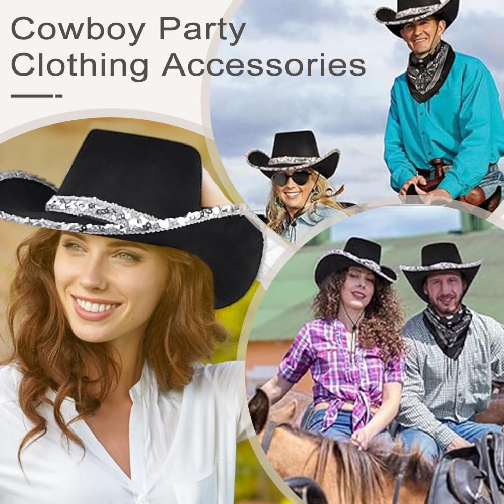 Chapeau de Cow Boy Noir, Cowgirl Chapeau 3 Pièces, Costume de Cow-boy de l'Ouest, Convient aux Adultes et aux Enfants pour une Utilisation lors de Carnavals et de Festivals