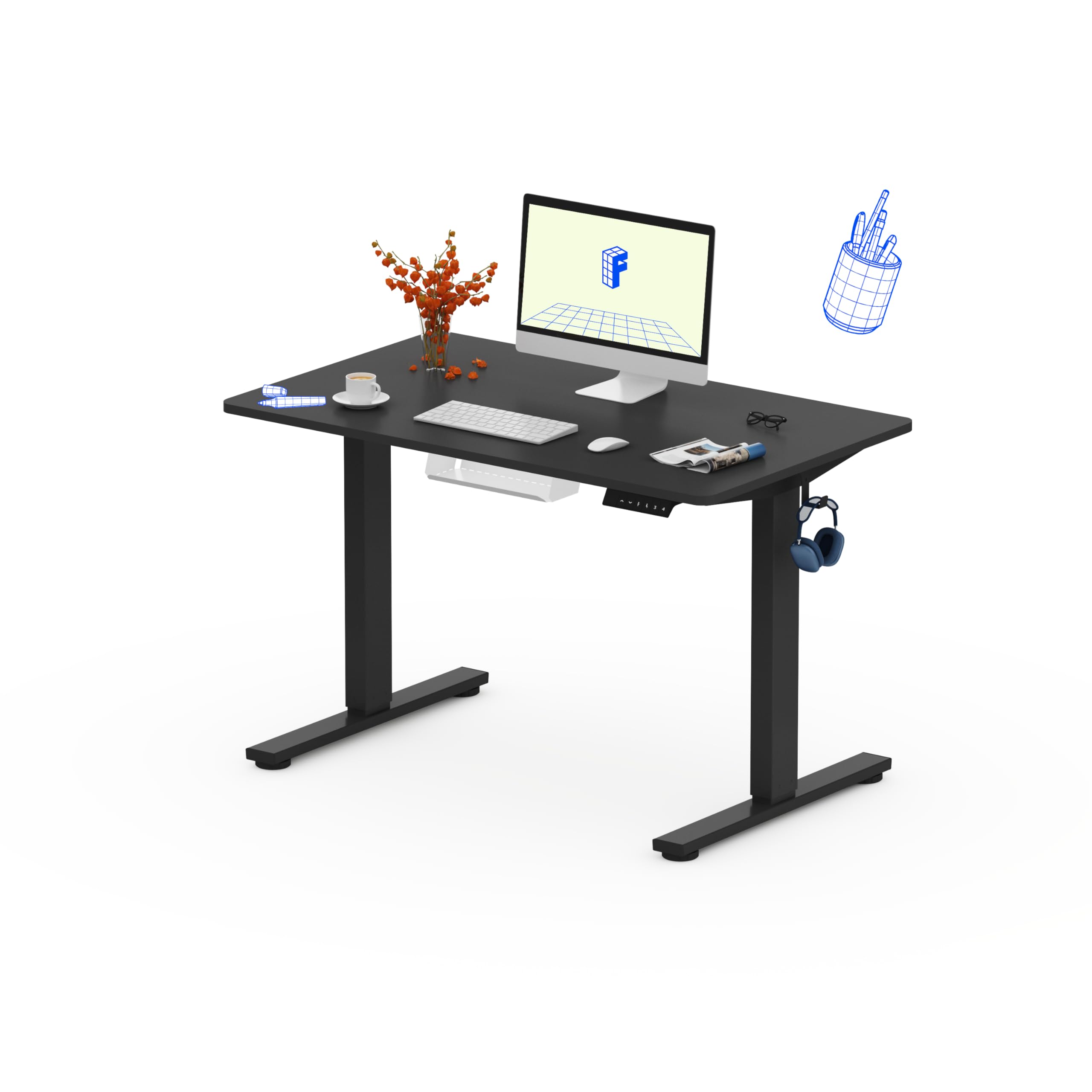 FLEXISPOT Scrivania Regolabile in Altezza 100x60 cm con Ganci e Gestione Cavi, Standing Desk Elettrica Pannello Unico e Controller Intelligente