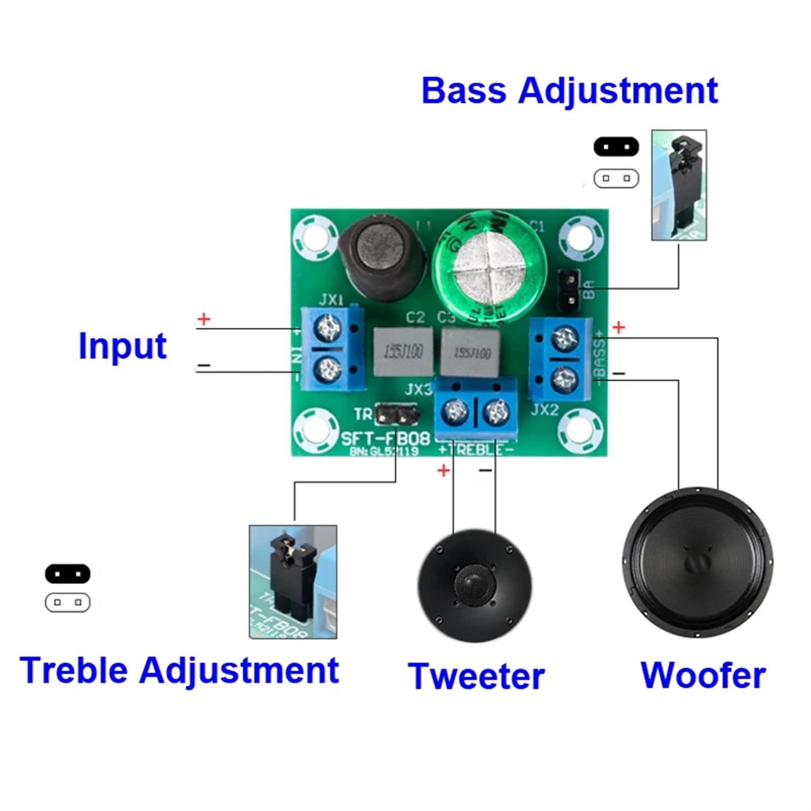 2PCS 2 Way 80W Filter Circuit Treble Bass Frequency Divider Home Theater HiFi Stereo Audio DIY Speaker Crossover Filters
