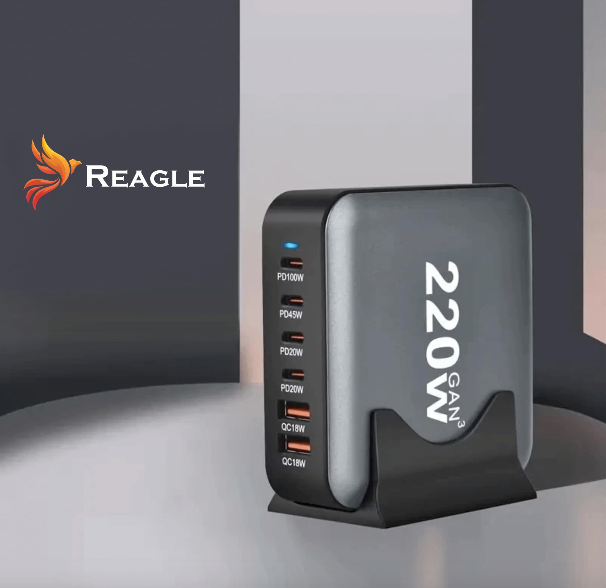 Reagle GaN - Caricatore rapido USB-C da 220 W, 6 porte, con Power Delivery, QC 3.0, per laptop, iPhone, tablet, protezione multipla, potente e sicuro per i viaggi e la casa