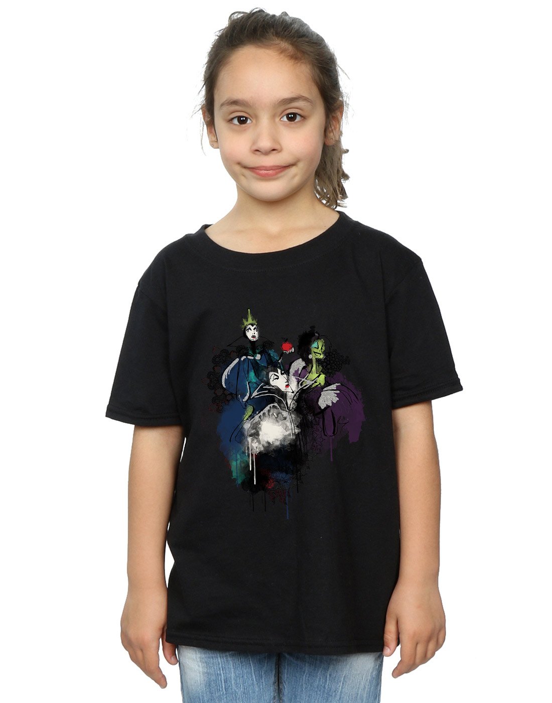 Absolute Cult Girls Black Disney Villains Sketch T-Shirt Size 9-11 Years