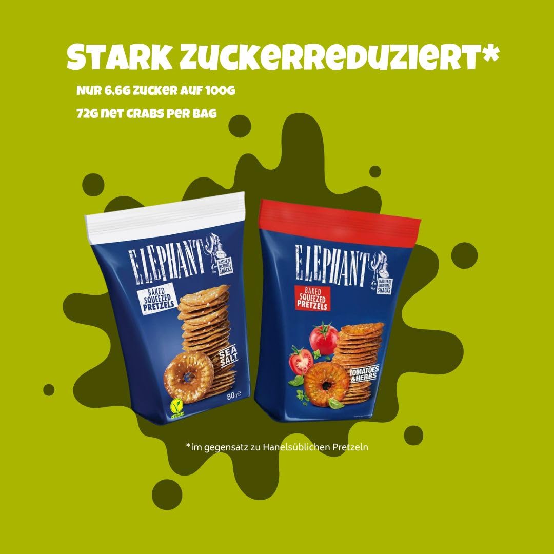 Elephant Juego de 4 degustación mezcla de aperitivos – El sabor se une a la originalidad "Elephant Baked Squeezed Pretzels", variedad de aperitivos Deluxe 300 g Knuspermix para noches de televisión