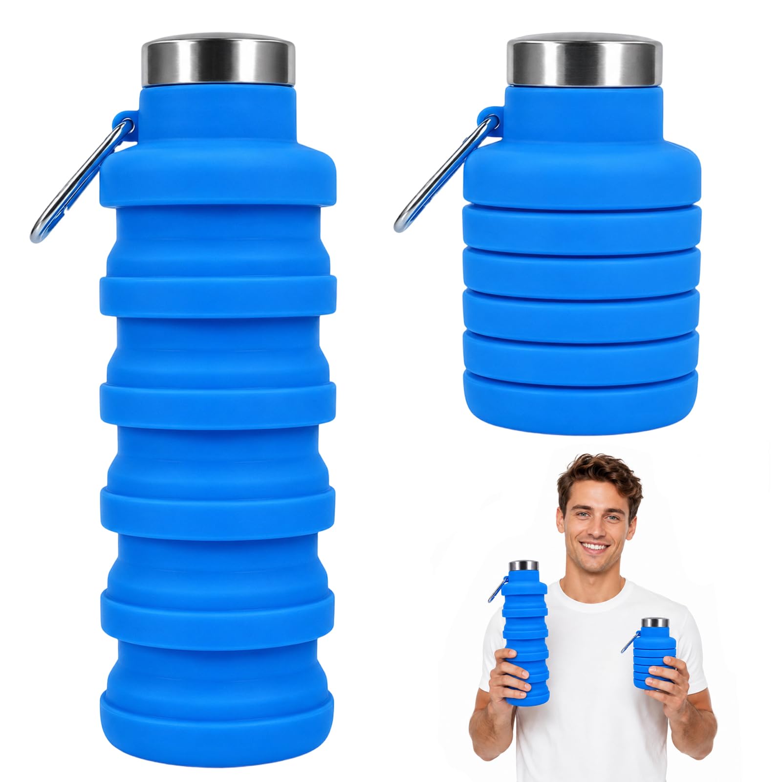 GYTFOG Collapsible Water Bottle, Portable Foldable Water Bottle with Carabiner, Portable Travel Mug, Silicone Container for Outdoor Hiking and Gym Workouts, for Hiking, Camping(Blue)