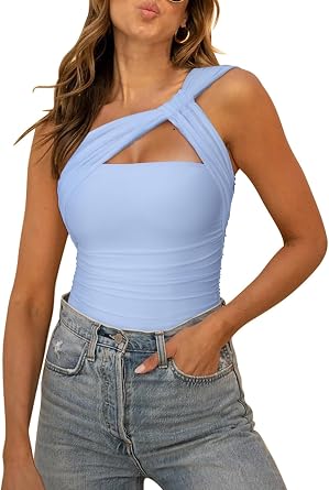 REORIA Womens Sexy One Shoulder Asymmetrical Leopard Print Mesh Ruched Backless Going Out Bodysuits Tops