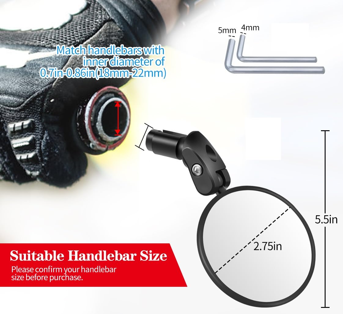 Handlebar Bike Mirrors, 1pcs HD Bicycle Rearview Mirror, Adjustable Handlebar Mounted Convex Mirror with Allen Wrench, for Mountain Road Bikes