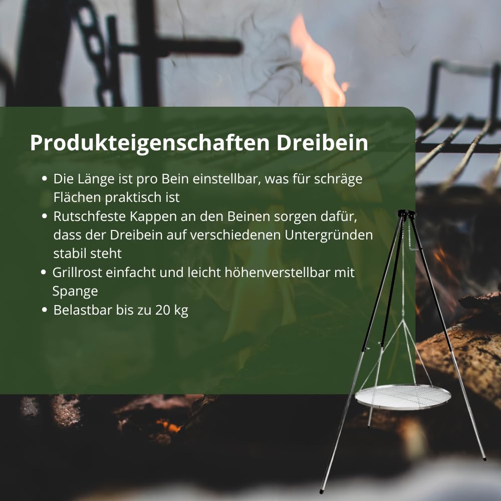 HeRo24 Dreibein Grillgestell T-180 robustes Schwenkgrill Gestell aus Stahl höhenverstellbar, stabil & leicht aufzubauen Schwenker ohne Grillrost für Outdoor, Camping & Garten