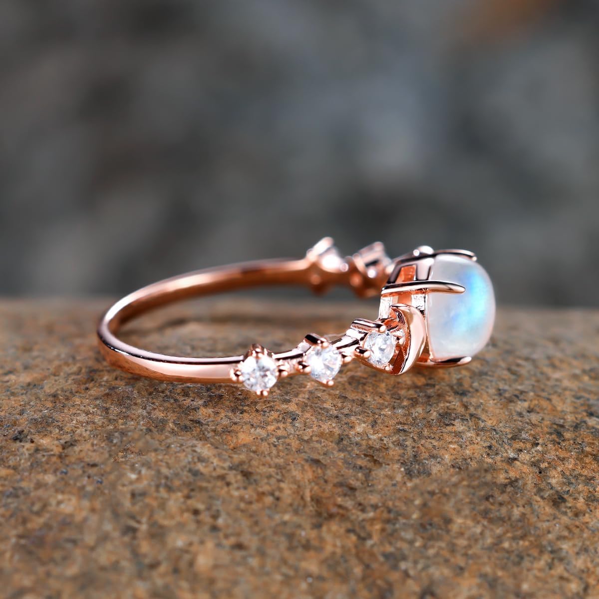 Natural Moonstone Ring for Women, 925 Sterling Silver Triple Moon Goddess Engagement Promise Ring Anniversary, Birthday, Christmas, Valentine's Day Gift for Her (Natural Moonstone-Rose Gold, 7) - Image 5