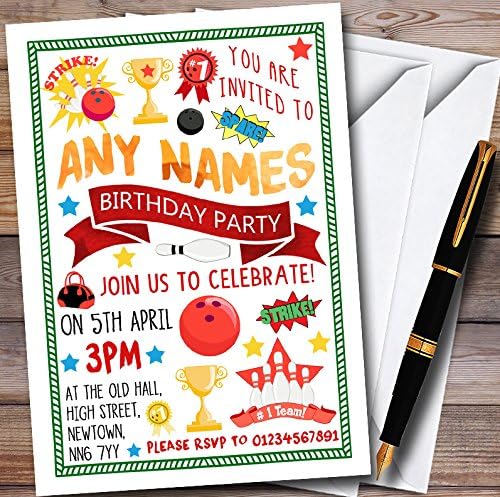 Bowling Ball & Skittles Personalized Childrens Party Invitations