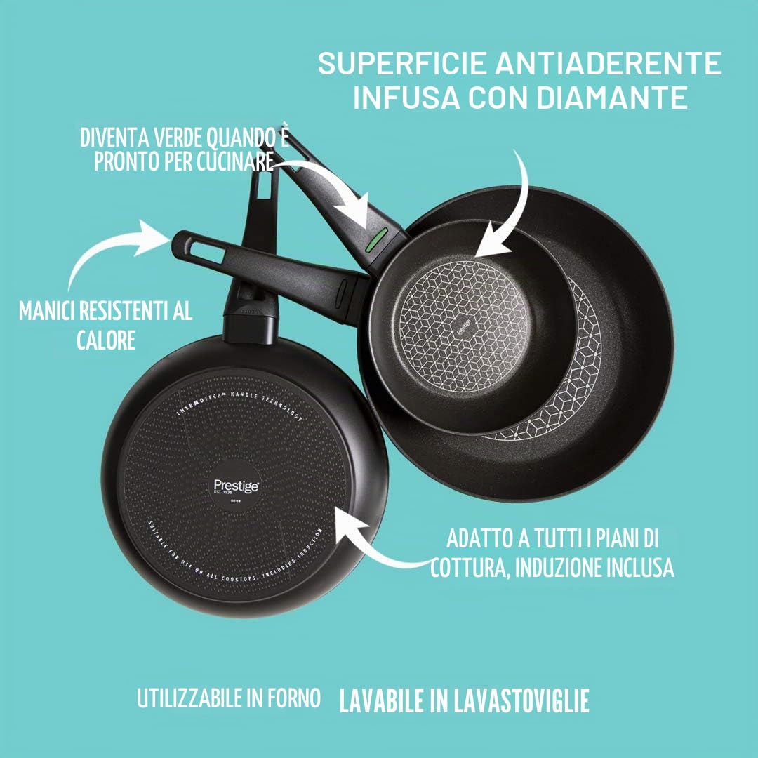 Prestige – Thermo Smart – Set di casseruole antiaderenti con coperchio – 3 pezzi – Piano cottura a induzione, gas ed elettrico – 16, 18 e 20 cm