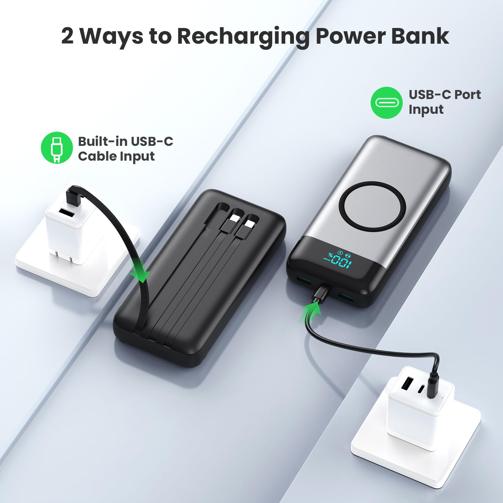 Cargador portátil inalámbrico de 40800 mAh para iPhone con 3 cables integrados, carga inalámbrica 7 en 1 de 15 W, cargador USB C, pantalla LCD de 25 W PD QC 4.0, batería de carga rápida para iPhone 16