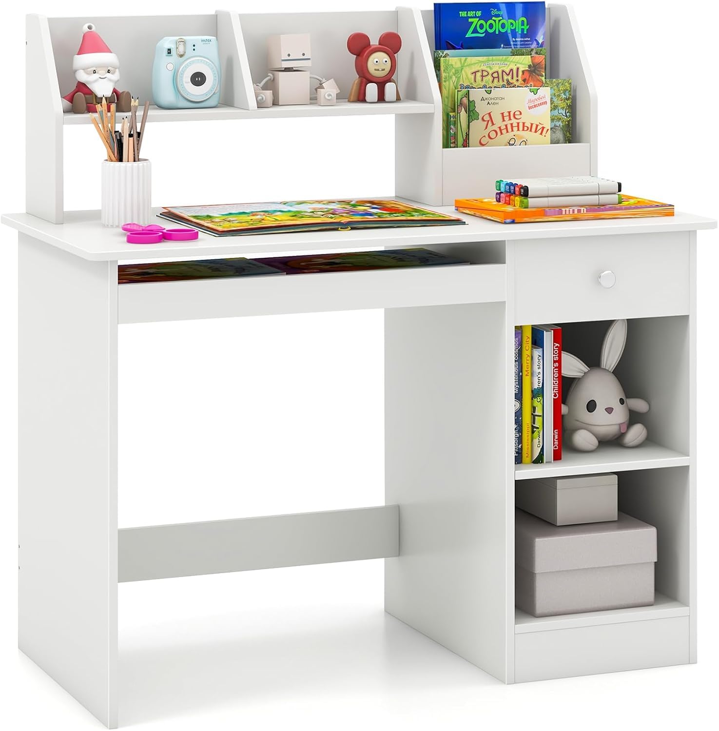 GOPLUS Bureau Enfant Fille Garcon, 3 en 1 Bureau Enfant avec Rangement, avec 1 Tiroir 2 Étagères, Table Enfant en Bois avec Plateau à Clavier, 90X45X90CM (Blanc)
