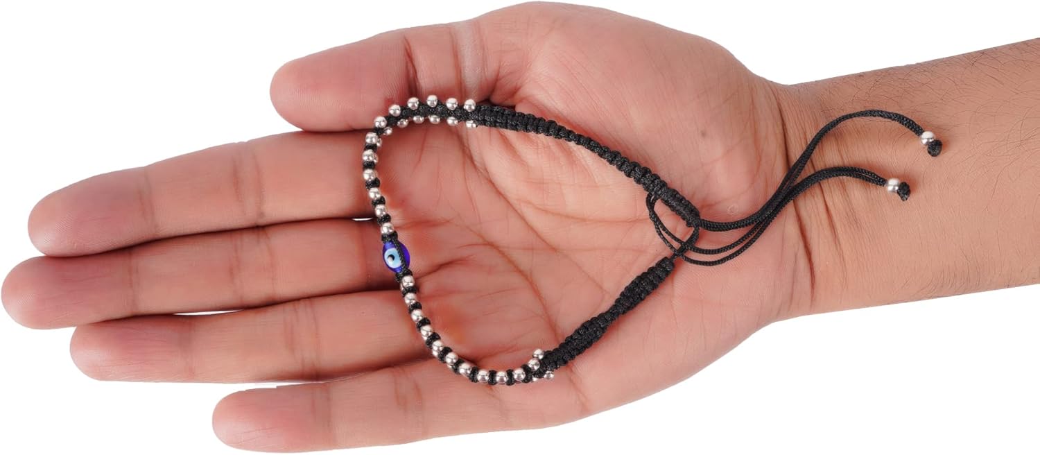 DHRUVS COLLECTION 925 Silver Designer Adjustable Evil Eye Black Thread Nazariya Anklet With 48 Silver Balls For Women - 4.5 Grams