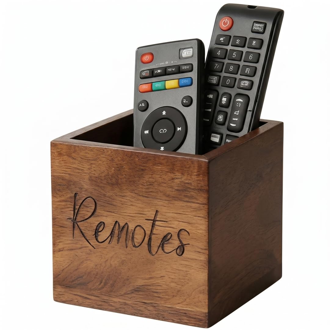 Sjfbebsy Remote Control Organizer, Rustic Wooden Remote Caddy for Table, 3.5 * 3.5 * 3.5Inch Square Desk Organizer for Living Room - Caddy