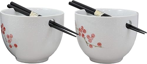 Miniatura 4 de Ebros - Juego de 2 cuencos y palillos de cerámica japonesa Sakura Pink Cherry Blossoms In White Purity Ramen Udong para comedor asiático, sopa,