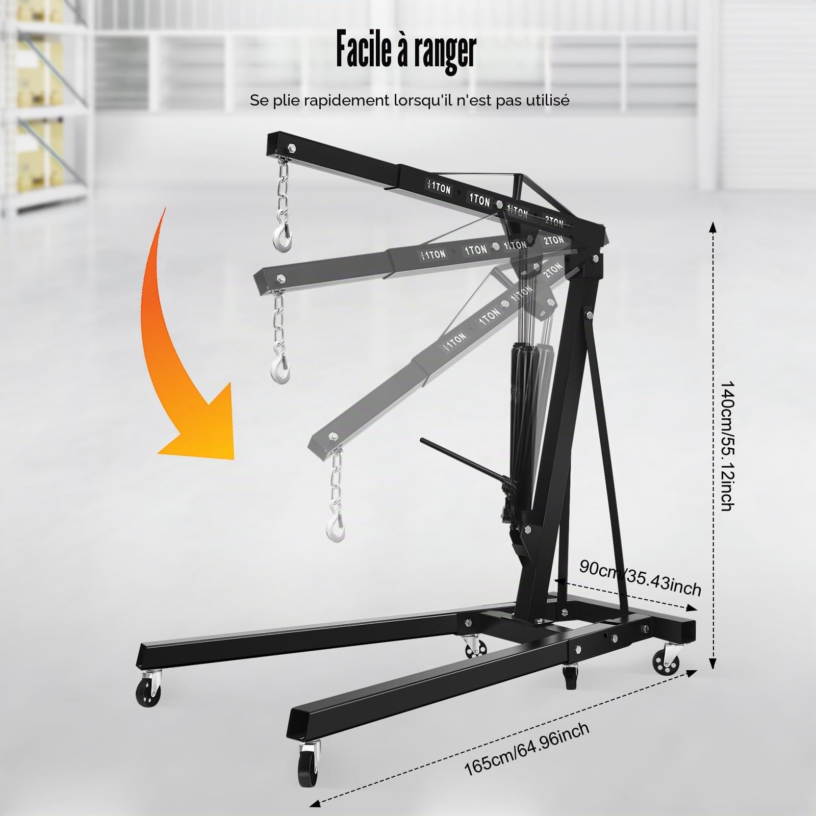 Grue de levage 2T pliable, grue d'atelier avec roues, cric hydraulique jusqu'à 2,1 m de hauteur de levage, élévateur de charges en acier pour garage et atelier (Noir)