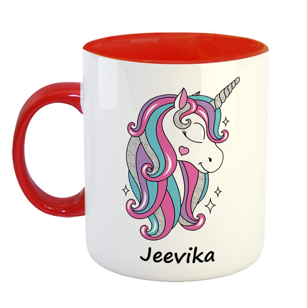 FurnishFantasy Unicorn Ceramic Coffee Mug - Best Happy Birthday Gift for Daughter, Sister, Gift for Kids, Return Gift - Color - Red, Name - Jeevika
