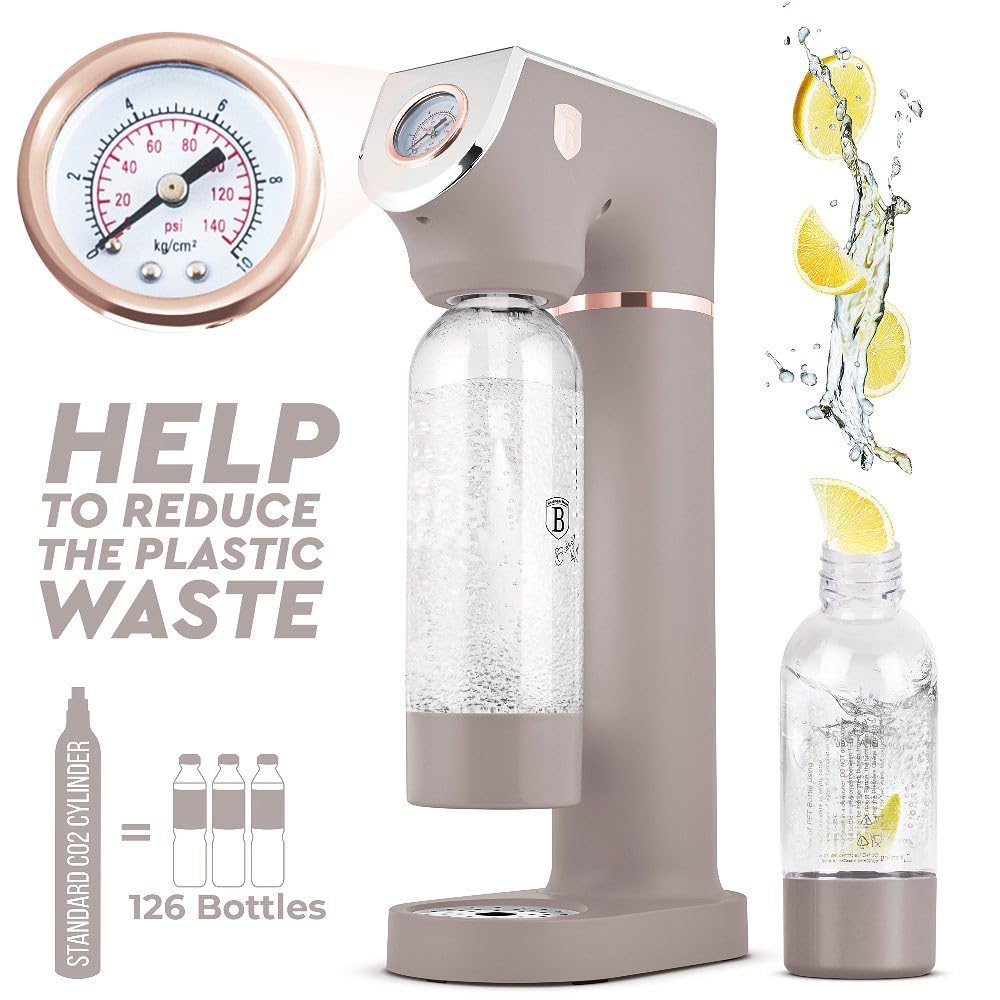 Berlinger Haus Wassersprudler Taupe Collection – Wassersprudler ohne Strom – Sodamaschine – Mit Barometer – Mit 2 Flaschen (1,0 L & 0,5 L) – CO2-Zylinder kompatibel – Küchengerät