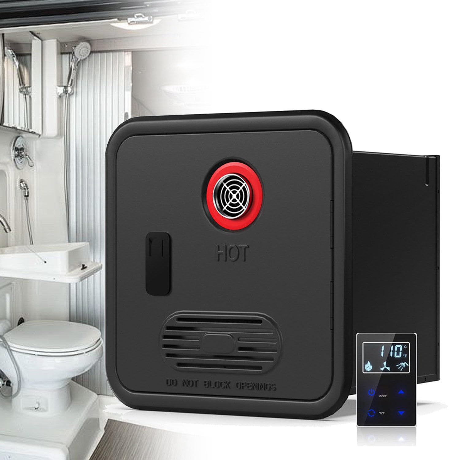 Camper Hot Water Heater, Electric RV Tankless Water Heater, with 15 X 15 Inches Door and Remote Controller, Best High Altitude Performance, DC 12V, for Rvers' Everyday Use NoShowerHead-Black